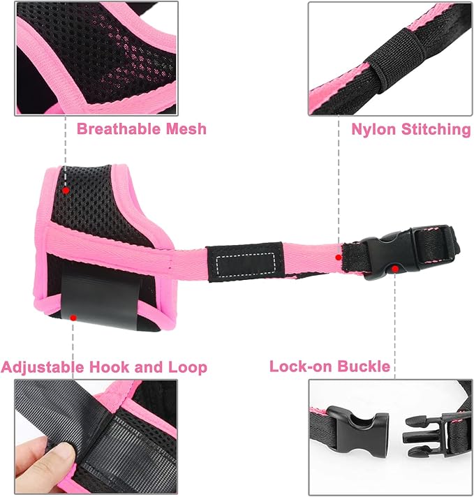 LUCKYPAW Dog Muzzle Anti Biting Barking and Chewing with Comfortable Mesh Soft Fabric and Adjustable Strap, Suitable for Small, Medium and Large Dogs(Pink Trim,XS)