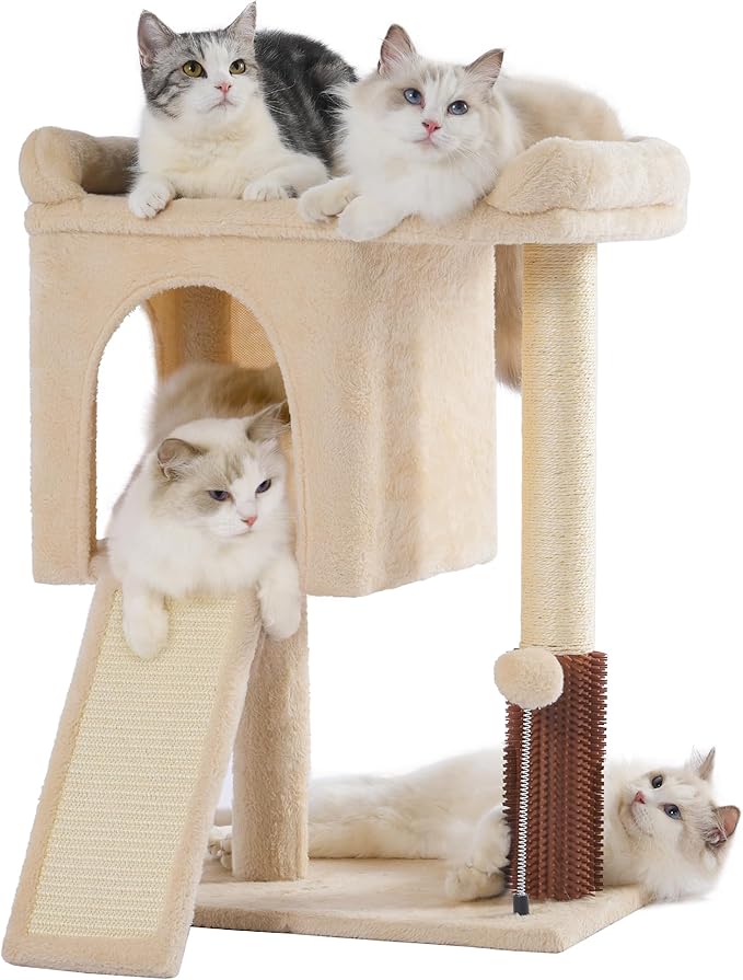 Small Cat Tree Tower for Large Cats with Spacious Top Bed 20x13.8”Private Cat Condo,Sisal Scratching Post and Ramp and Self Groomer and Spring Ball-Beige