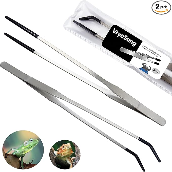 2 PCS Long 10.6" Stainless Steel Reptile Feeding Tongs with Rubber Tip, Straight & Curved Tweezers for Aquariums & Crafts, Feeder Tools for Bearded Dragon, Lizards Snake, Terrarium Supplies (Silver)
