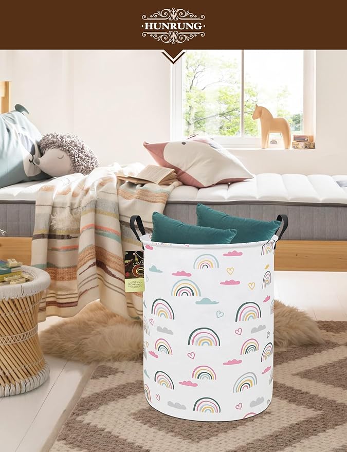 Collapsible Fabric Storage Basket, Waterproof Laundry Hamper with Handles, Round Storage Bin for Clothes Toys, Foldable Organizer for Bedroom Nursery Bathroom(Round-Rainbow)