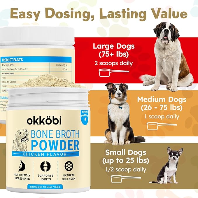 Bone Broth for Dogs - All-Natural Food Topper for Picky Eaters - Powder Supplement for Joint Health, Digestion & Hydration, 10.5oz (Chicken)