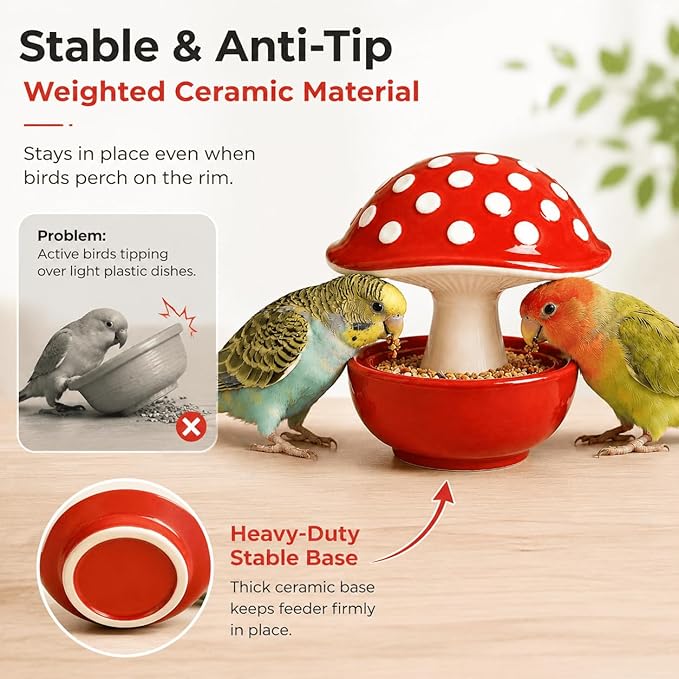 Ceramic Mushroom Bird Feeder No Mess, Spill Proof Bird Food and Water Bowl for Cage, Covered Dispenser for Parakeet, Budgie, Cockatiel, Lovebird, Hamster Accessories, 4.3" Tall