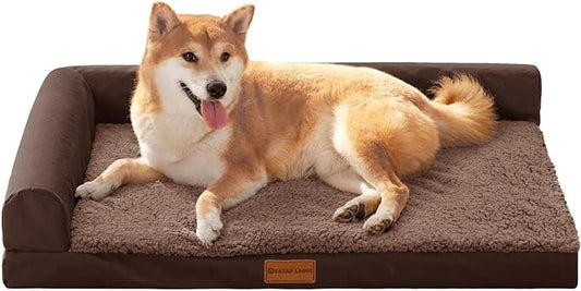 Patas Lague Orthopedic Dog Bed Medium Size Dog 30''X20'', Waterproof L Bolster Medium Pet Sofa Beds with Removable Washable Cover, Soft Pet Couch Crate Mat with Nonskid Bottom, Brown