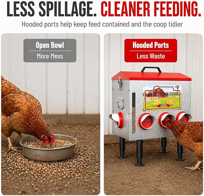 50LBS Metal Chicken Feeder Dispenser with Lid, Adjustable Legs, 8 Feeding Ports, No-Waste & Rodent-Proof Design, Visual Feed Level Indicator, Durable Outdoor Poultry Feeder for Chickens, and Geese