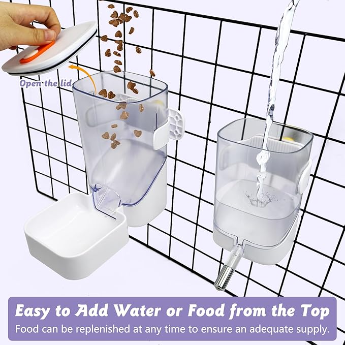 34oz Automatic Rabbit Food Dispenser for Cage Hanging Guinea Pig Feeder No Drip Bunny Food Bowl for Ferret Rat Hamster Chinchilla and Other Small Animals (White)