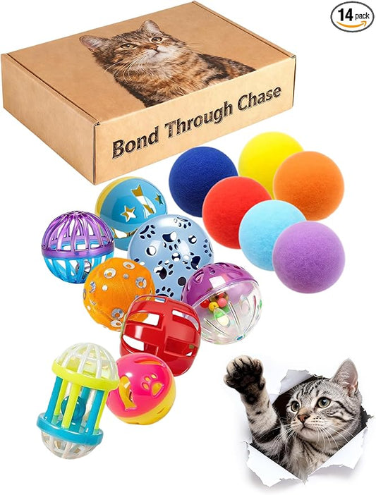 14 Pcs Cat Toys Indoor Kittens BPA-Free Jingle Balls Plush Balls Catnip Feather Mice for Play Chase Relax (1.5'' - 2.2'')