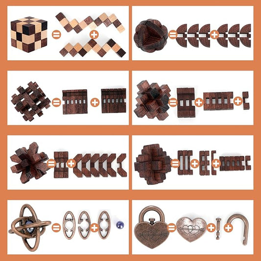 8 Pcs Brain Teaser Puzzles for Adults Teens - Metal Puzzles 3D Puzzle Game Toys for Adults Teens - Wooden Unlock Interlocking Puzzle Adult IQ Education Smart Toys
