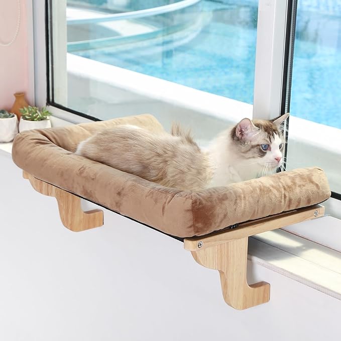 Zakkart Cat Perch for Window Sill with Bolster - Orthopedic Hammock Design with Premium Hardwood & Robust Metal Frame - Cat Window Seat for Large Cats - Natural Color Wood Brown Bed, 26.4''W