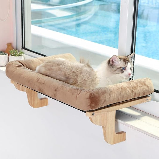Zakkart Cat Perch for Window Sill with Bolster - Orthopedic Hammock Design with Premium Hardwood & Robust Metal Frame - Cat Window Seat for Large Cats - Natural Color Wood Brown Bed, 26.4''W