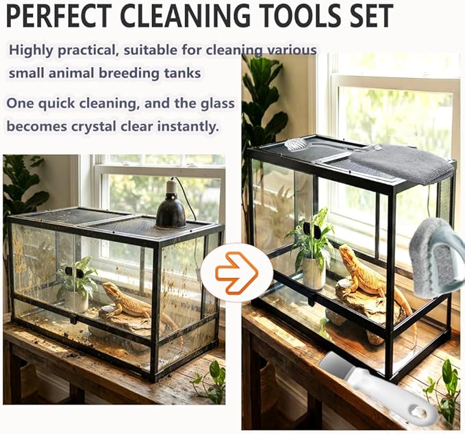 6-Piece Bearded Dragon Tank Cleaning Set, Reptile Enclosure Cleaning Tool Set with Bearded Dragon Nail Clippers&Cleaning Cloth, Brush, Scraper & Mini Dustpan for Lizard & Gecko Terrarium Maintenance
