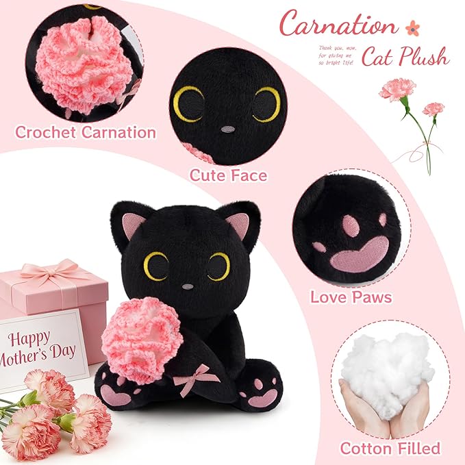 Black Cat Plush Holding Crochet Flower - 8" Kawaii Stuffed Cat with Handmade Pink Carnation, Soft Cute Plush Toy for Mom, Mother's Day & Birthday Gift, Stuffed Animals for Girls