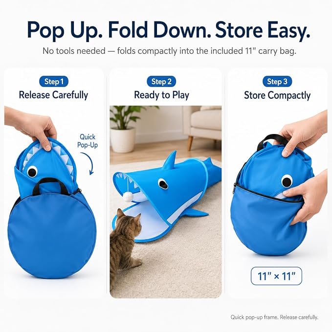 Blue Shark Cat Tunnel Toy, Collapsible Pop-Up Cat Play Tunnel with Interactive Hanging Ball & Storage Bag, Durable Polyester Interactive Cat Toy for Indoor Cats, Kittens