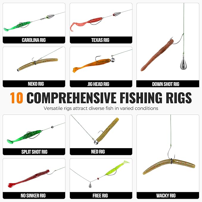 PLUSINNO 264pcs Fishing Accessories Kit, Organized Tackle Box with Tackle Included, Fishing Weights Sinkers, Jig Hooks, Swivels, Beads Combined into 10 Rigs, Fishing Gear Set for Bass Trout