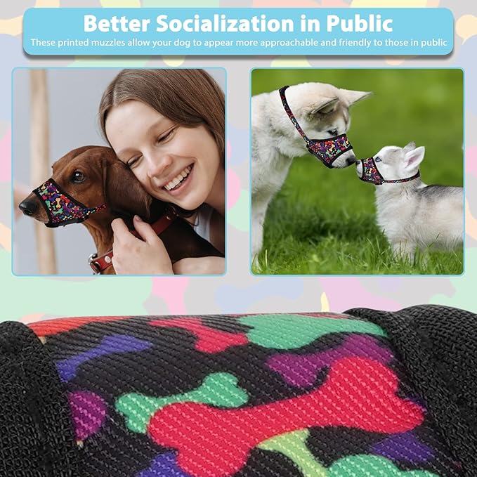 LUCKYPAW Dog Muzzle Anti Biting Barking and Chewing with Comfortable Mesh Soft Fabric and Adjustable Strap, Suitable for Small, Medium and Large Dogs(Black Bone,L)