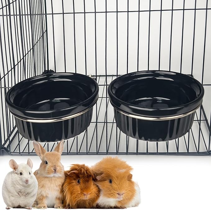 Rabbit Hanging Ceramic Bowl, Removable Cage Feeder Thick Ceramic Bowl with Stainless Steel Support Pet Water Food Bowl for Small Animal Chinchilla Ferret Guinea Pig Cat (4.92 * 1.97”) (Black-2 Pack)