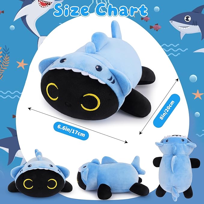 Shark Black Cat Plush,8 Inch Weighted Cat Stuffed Animal,Cute Weighted Black Cats Plush Soft Plushie Pillow Toys Gifts for Kids,Girls Boys