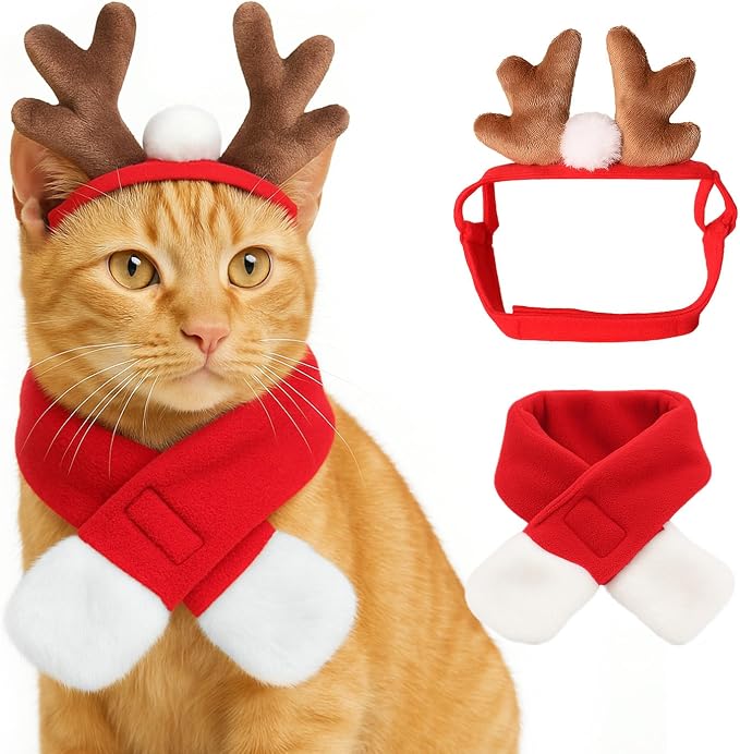 NAMSAN Christmas Cat Reindeer Costume, Xmas Deer Antler Headband with Red Scarf for Small Dogs Cats, Santa Claus Reindeer and Scarves Outfit