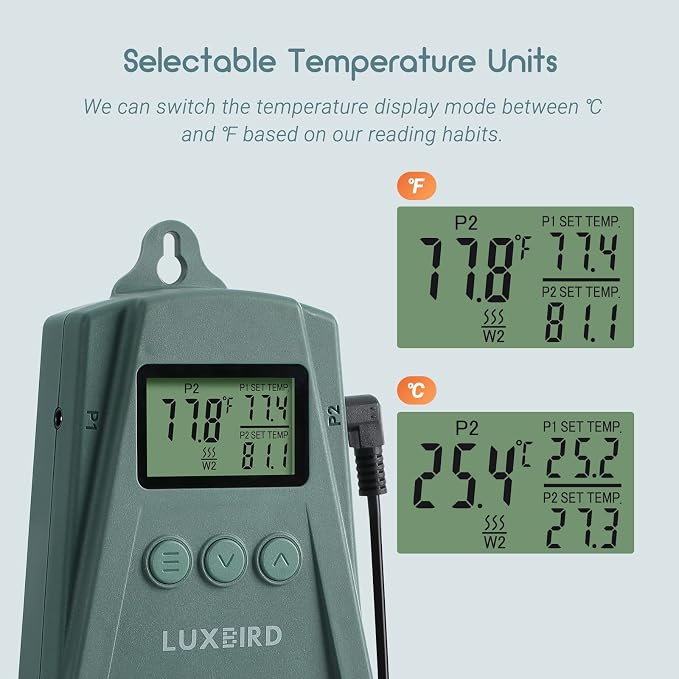 LUXBIRD Digital Temperature Controller LB-2SC, Thermostat Outlet for Reptile Terrarium Greenhouse Grow Tent, 2-Year Warranty, 2-Year Warranty (Green)