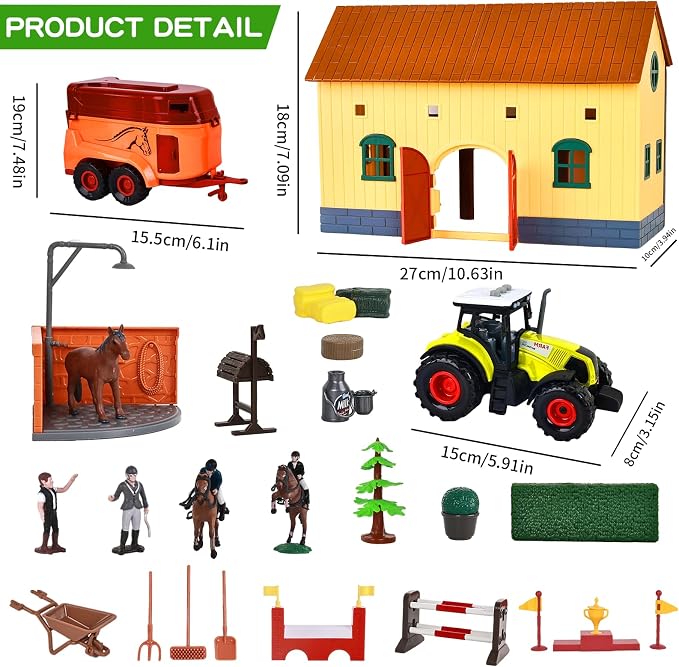 Horse Club Riding Arena, Horse Stable Playset,Tractor with Trailer, Equestrian Washing Area,Riders Figures,Horse Figurine, Obstacle Accessory Set - Barn Toys for 3-7 Years Old Kids Boys Girls Toddlers