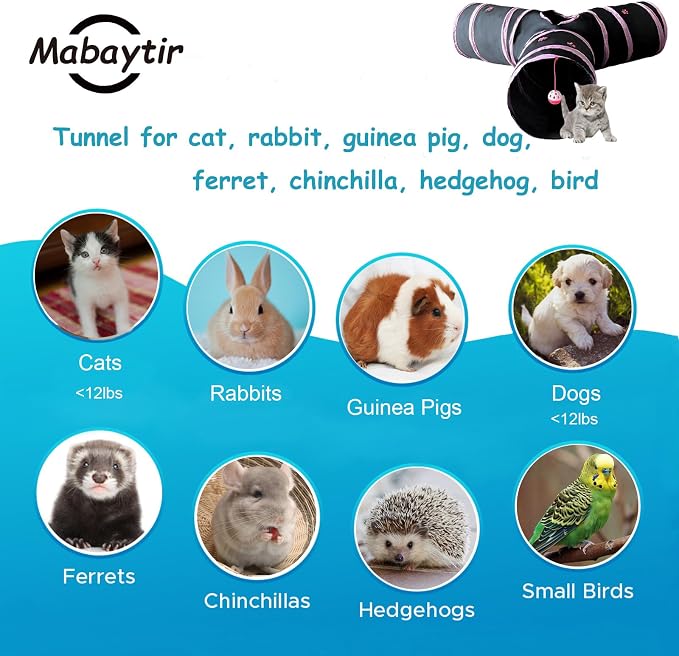 3-Way Collapsible Cat Tunnel Tube Toy Black Pink Paws — Interactive Play Tunnel with Hanging Ball & Peek Hole for Indoor Cats, Kittens, Puppies & Rabbits | Hours of Fun & Exercise