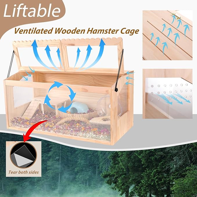 Wooden Hamster Cage,40" Lx20 Wx20 H,Large Hamster Cage,2 Washable Liners & 2 Adjustable Ventilation Window. Small Animal Cage for Dwarf Syrian Hamsters Degus Mice & Other Small Pets.