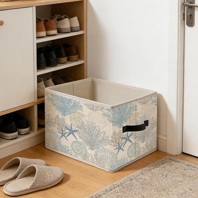 Coastal Beach Storage Bins, Beach House Decor, Coastal Coral Starfish Seashell Foldable Closet Organizers Storage Basket Toybox for Clothes Bed Sheets Blankets Toys
