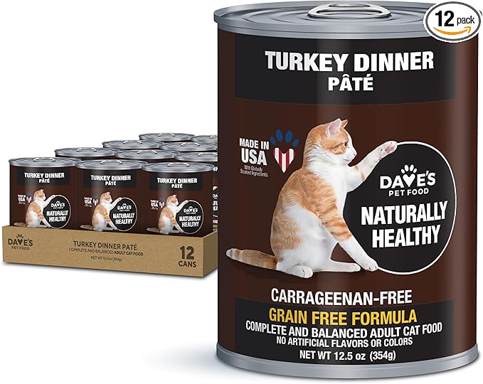 Dave's Pet Food Grain Free Wet Canned Cat Food (Turkey), Made in USA Naturally Healthy, Added Vitamins & Minerals, Gluten-Free, 12.5 oz Cans (12 Pack)