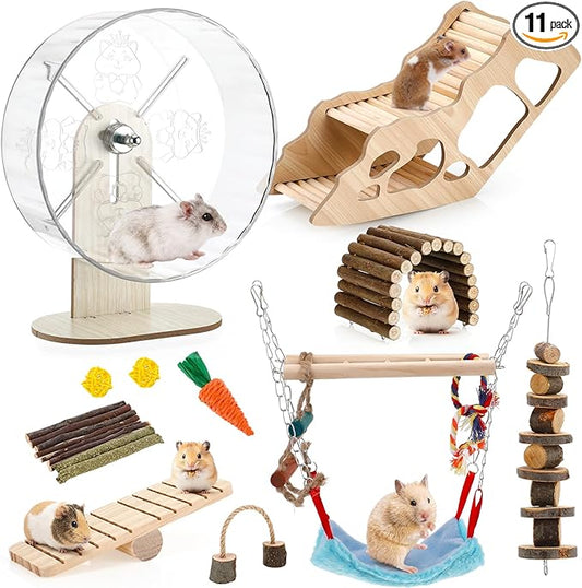 11 Pcs Hamster Cage Accessories Set, Bridge, Exercise Wheel, Swing, Chew Toys & More, Natural Wood Hamster Play Set for Dwarf Hamsters, Mice Small Animals Habitat (Maze Tunnel)