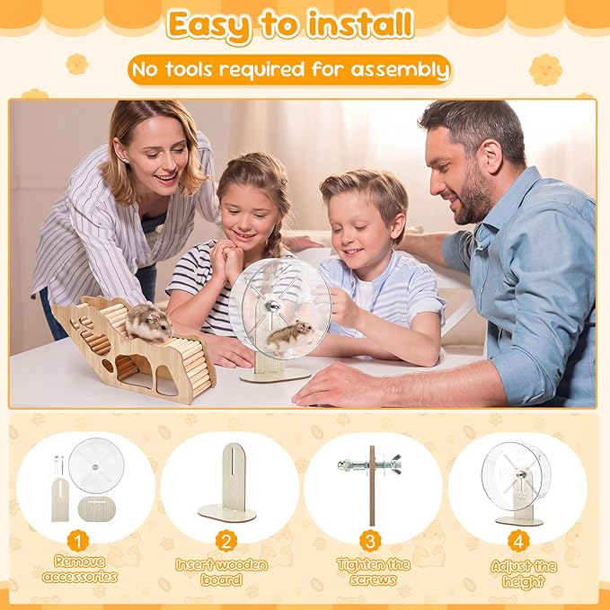 11 Pcs Hamster Cage Accessories Set, Bridge, Exercise Wheel, Swing, Chew Toys & More, Natural Wood Hamster Play Set for Dwarf Hamsters, Mice Small Animals Habitat (Maze Tunnel)