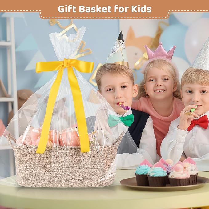 OIASKET Large Empty Gift Baskets for Baby Shower, 16.5" L x 12.6" W x 7" H Cute Woven Storage Basket with Gift Bags and Ribbons, Small Rope Toy Basket with Handles, Cat Dog Pet Toy Organizer - Brown