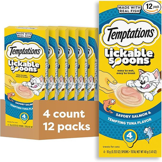Temptations Lickable Spoons, Soft Lickable Cat Treats, Adult Wet Cat Treats, Savory Salmon and Tempting Tuna Flavor, 4 Spoons, Pack of 12 (48 Total)