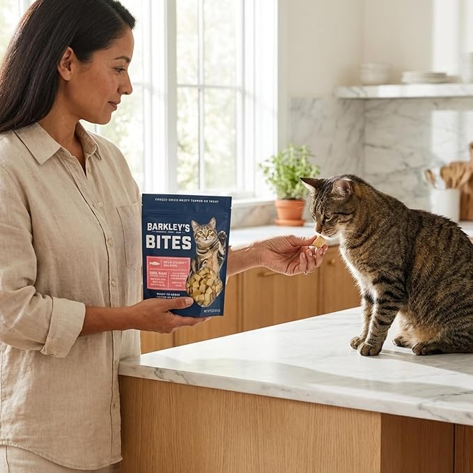 Barkley’s Bag Salmon Bites, Freeze Dried Cat Treats and Food Topper, Made with Wild-Caught Salmon, Bite-Sized Whole Pieces for Training Rewards, for All Cats Breeds, Ages & Sizes, 2 Oz Bag (1 Pack)