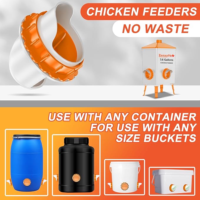 ZenxyHoC DIY Chicken Feeders No Waste, 6 Ports Poultry Feeder with Hole Saw for Buckets Troughs Orange