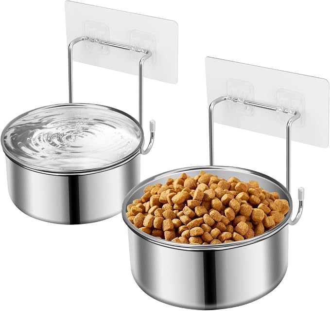 2 Pcs Small Wall Mounted Cat Bowls, Elevated Hanging Puppy Food and Water Bowls Stainless Steel Non-Spill Kitten Feeding Dish with Wall Mounted Hook for Small Pets (M (5.5x2.1'' & 4.7x2''))