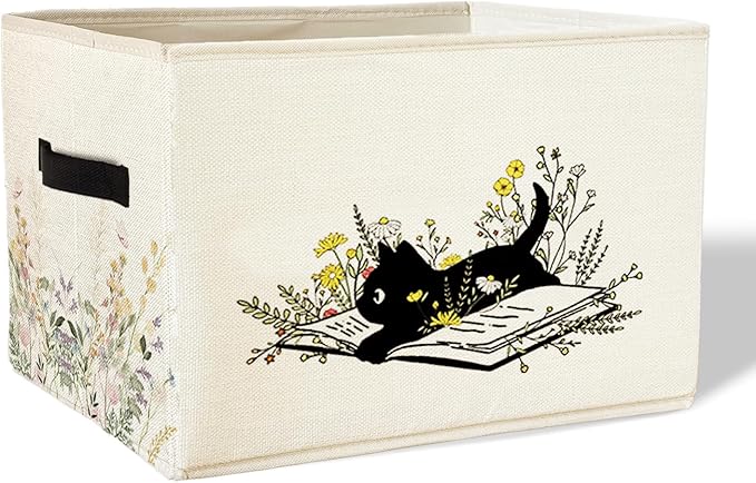 Black Cat Floral Storage Basket Bins With Handles for Girls Kids, Floral Cat Foldable Organizer Basket Toybox for Girls Room Nursery Bedroom Bathroom Clothes Toys Books