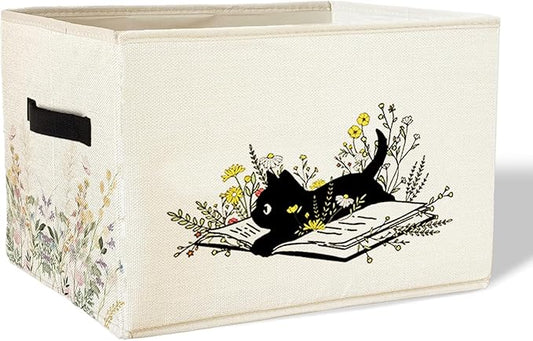 Black Cat Floral Storage Basket Bins With Handles for Girls Kids, Floral Cat Foldable Organizer Basket Toybox for Girls Room Nursery Bedroom Bathroom Clothes Toys Books