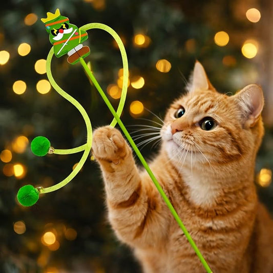 Christmas Cat Toy Wand Set of 2 – Interactive Cat Teaser Wands with Snowman and Christmas Tree Designs, Holiday Cat Toys with Bells and Pom-Poms for Indoor Cats and Kittens