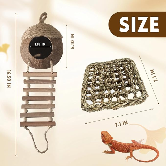 5 PCS Gecko Tank Accessories,Gecko Coconut Hide with Ladder Reptile Terrarium Plants Hammock Climbing Flexible Jungle Vine Tank Decor for Crested Gecko,Baby Bearded Dragon,Chameleon,Snake