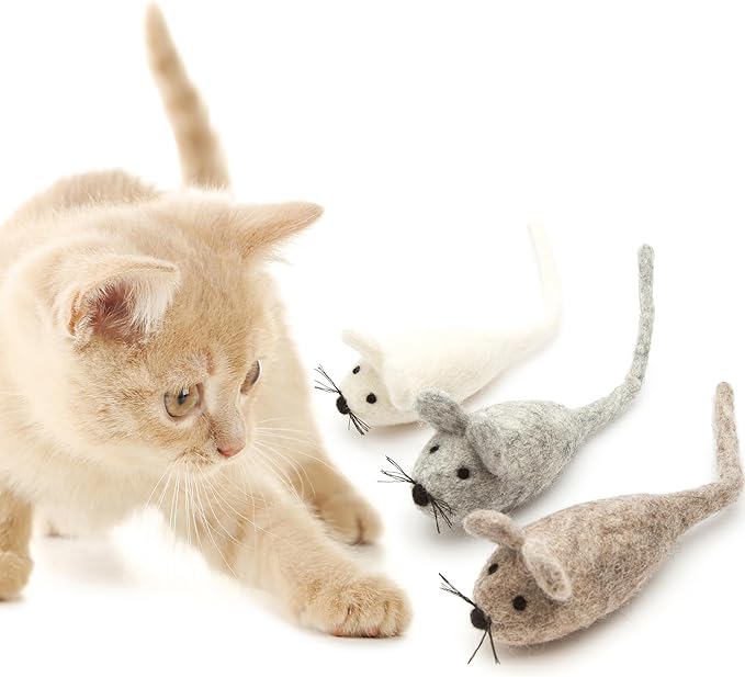 Glaciart One Felt Mouse Cat Toy – 3 Pcs | Soft Fuzzy Enrichment 100% Natural Wool - Interactive Catnip Play Cat Toy Set - Safe for Pets, Non-AZO Colored Dyes