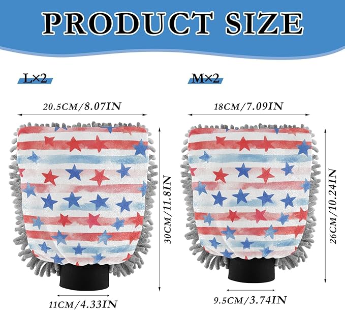 Car Wash Mitt Microfiber Wash Mitts for Car Washing Scratch-Free Cleaning Gloves Soft Non Absorbent Chenille Auto Hand Mitt Large 2Pack July 4th Stripes Stars White