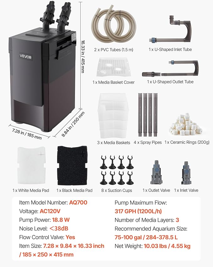 VEVOR 317GPH Canister Filter, 3-Stage External Aquarium Filter with Powerful Pump, Water Circulation Cleaning Machine with Media for Large Fish Tanks and Aquariums Up to 100 Gallons, for Freshwater