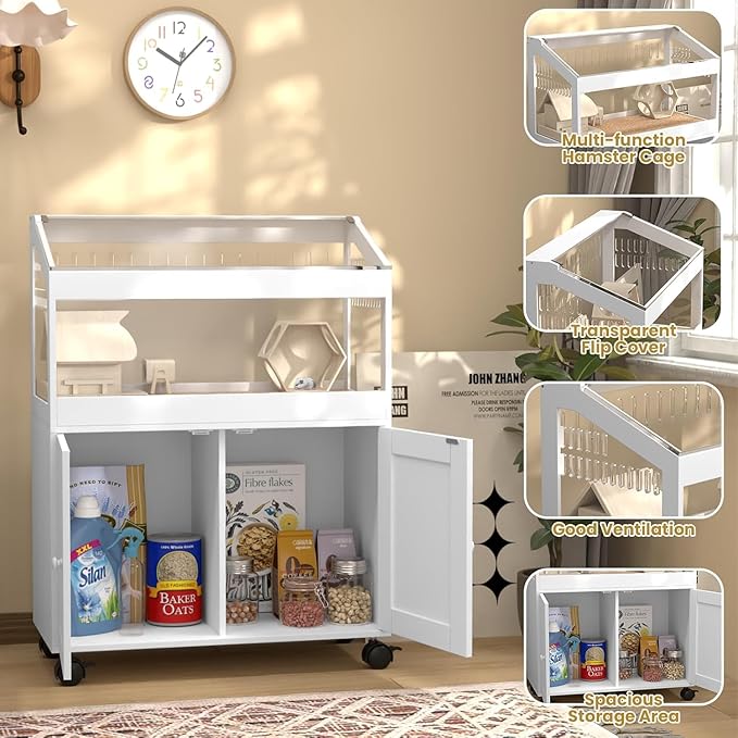 Hamster Cage with Storage Cabinet – Acrylic Panels for 360° Viewing, Ideal for Hamsters, Rabbits, Guinea Pigs, and Hedgehogs, White