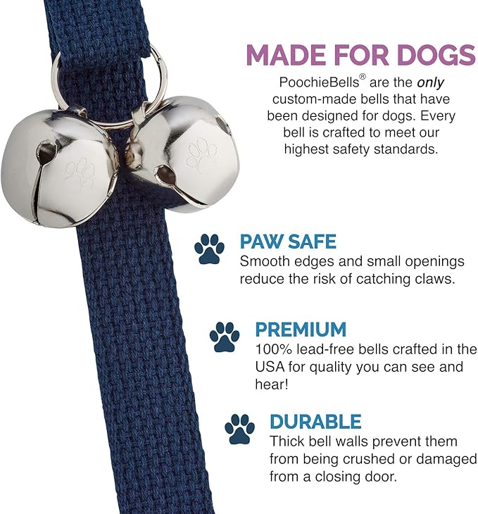 PoochieBells Dog Door Bells for Potty Training, Quick & Easy Puppy Potty Training Method Included, Handcrafted in USA with Loud, Paw-Safe Bells, Durable Cotton Webbing - Navy