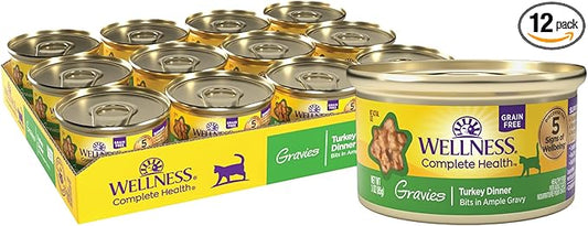 Wellness Complete Health Gravies Adult Canned Wet Cat Food, Natural, Protein Rich, Grain Free, Turkey Dinner Recipe, 3 oz, Pack of 12 Cans