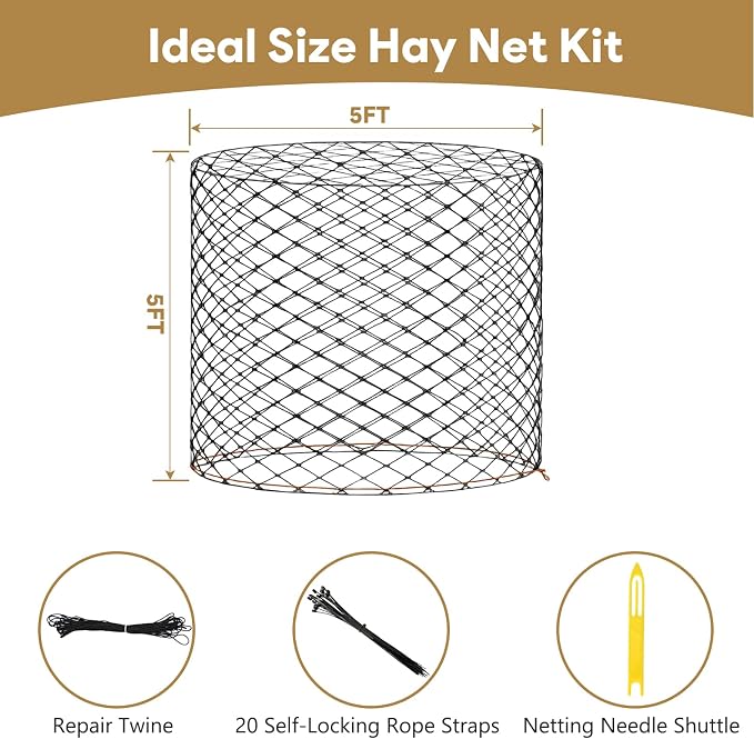 5×5 FT Round Bale Hay Net for Horses & Goats, Heavy Duty Knotless Slow Feed Hay Nets, 1.75" Mesh, Weather Resistant Round Bale Net with Repair Kit for Pasture and Barn
