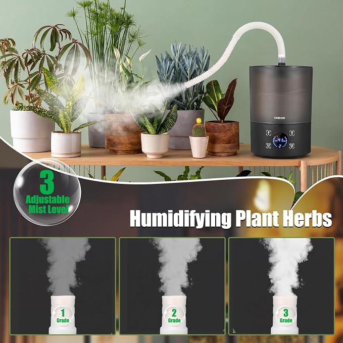 Dreyoo Reptile Fogger Humidifiers with Humidity Control, Top Fill Reptile Mister with Smart Touch LED Display, 3 Mist Levels, Auto Shut Off, Extendable Hose for Crested Frog Gecko Terrarium