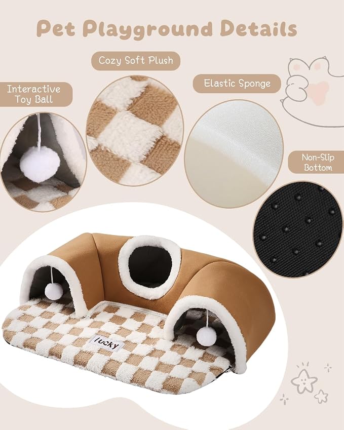 Extra Large Guinea Pig Hideout Tunnel, 3-Cave Small Animal Tunnel for Play Tube Toys Mat, Pet Tunnel for Dwarf Rabbits Bunny Chinchillas Hamsters Hedgehogs Ferrets, Brown, 22.05" × 16.14"× 5.51"