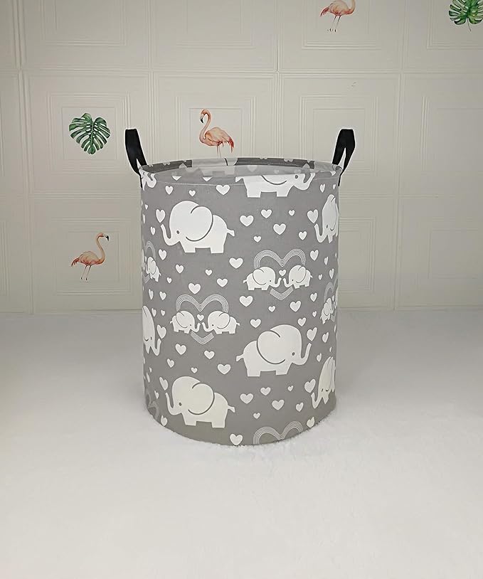 Kids Laundry Hamper Storage Basket Laundry Organizer Hamper Storage Bins Clothes Box Nursery Hamper Gift Basket with Handles (Love elephant)