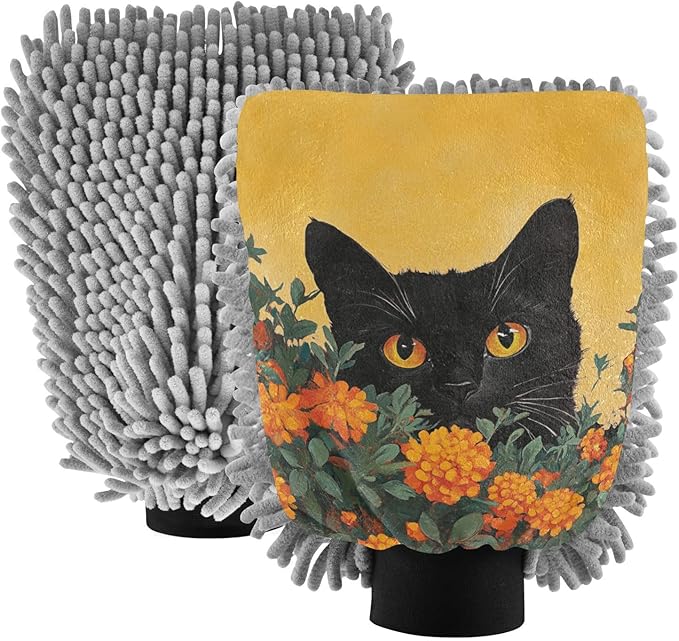 Car Wash Mitt Microfiber Wash Mitts for Car Washing Scratch-Free Cleaning Gloves Soft Non Absorbent Chenille Auto Hand Mitt Medium 2Pack Orange Flower Black Cat