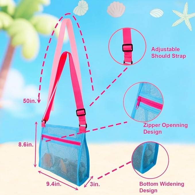 MUYIZI Sand Sifter Shovel with Mesh Beach Bag, Detachable Shell Scooper for Beach,Sand Scoop for Shell Collecting, Shark Teeth Sifter Dipper, Beach Toys for Kids & Adults(Bright Pink+Blue)